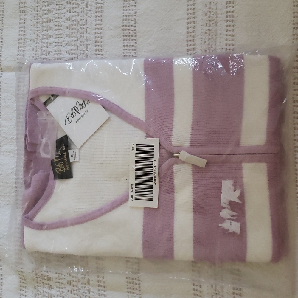 Bob Mackie wearable art deep v zip up sweater, purple, stripes women size medium